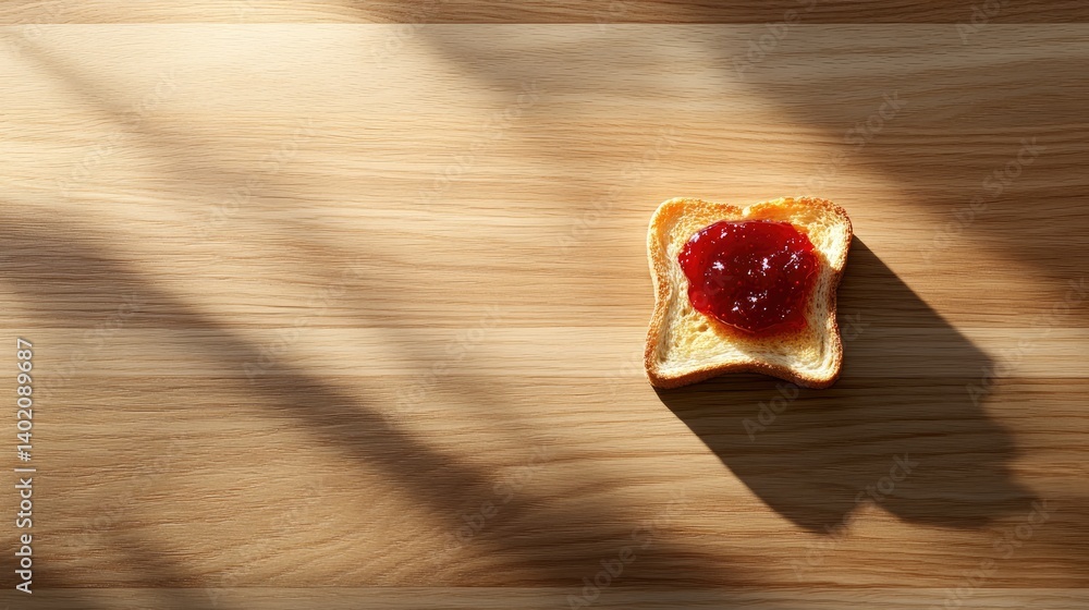 Poster crispy toast with strawberry jam spread on wood grain background, top view with natural shadows