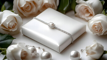 Elegant Gift Box with Jewelry Surrounded by White Roses