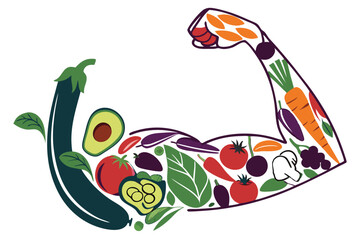56 Muscular arm made of vegetables and fruits, colorful produce, flexed bicep, healthy eating concept, creative food photography, nutrition art, vibrant colors, eggplant, tomato, avocado, peppers, lea