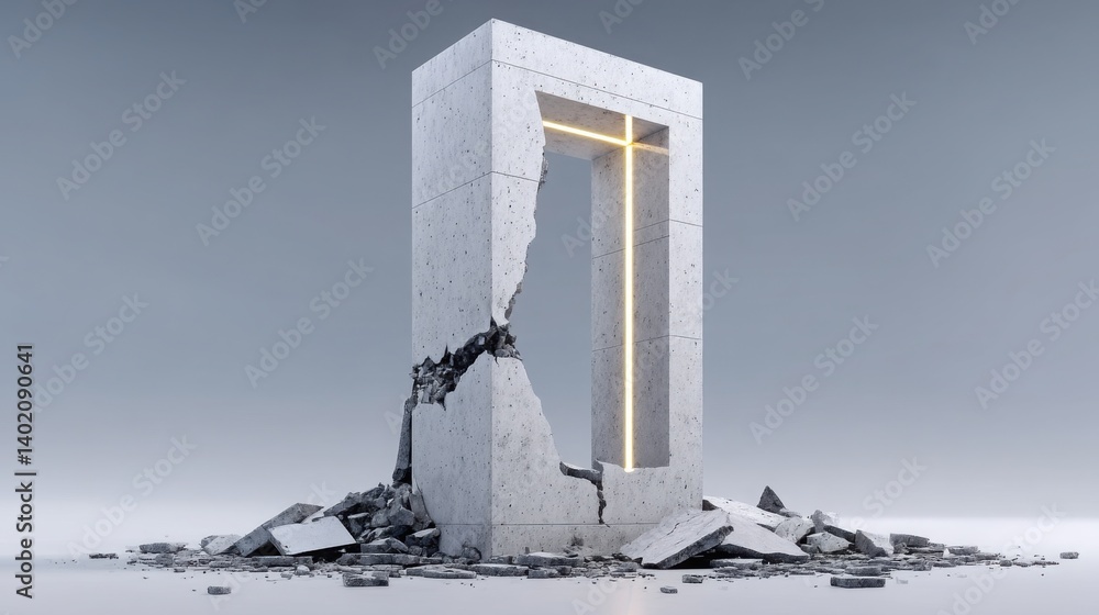 Poster concrete structure illuminated from above with glowing light symbolizing economic tensions between u