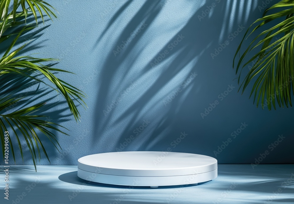 Poster a minimalist scene featuring a white circular platform on a light blue surface. with soft shadows ca