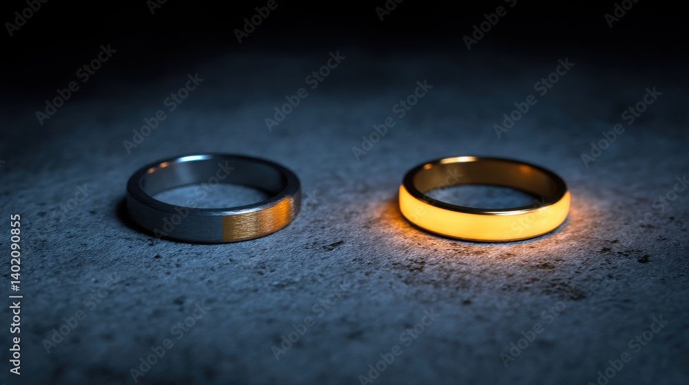 Poster elegant display of two intertwined rings on a table surrounded by soft light enhancing their beauty 