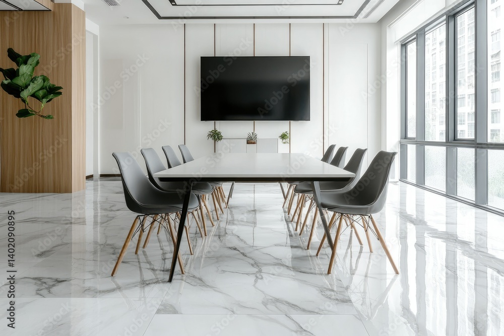 Poster a modern dining room featuring an elegant table set for a meal. with stylish decor and large windows