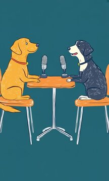 Ilustraci&oacute;n vertical de dos perros platicando sentados en sillas con micr&oacute;fonos en un podcast. 