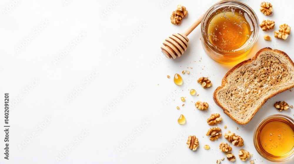 Poster healthy toast snack with sweet golden honey and chopped nuts, minimal clean breakfast table backgrou