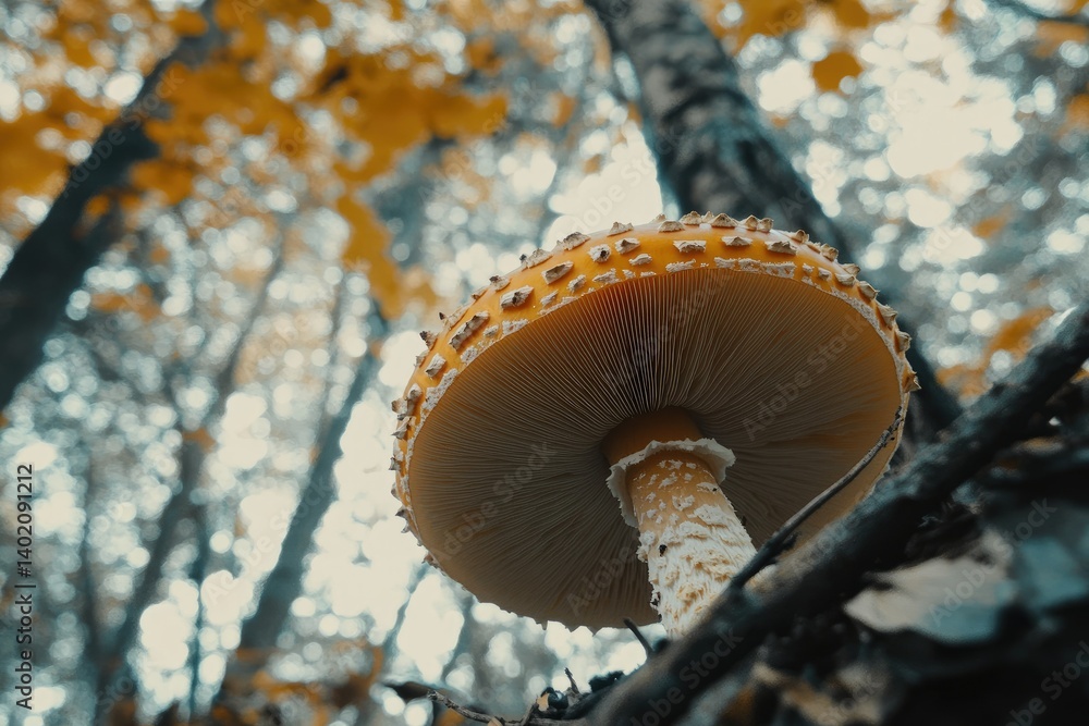 Poster a vibrant orange mushroom stands tall in a misty forest. surrounded by towering trees with autumn fo