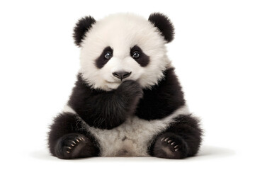 Fototapeta premium Cute Panda Cub Sitting and Eating on White Background