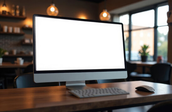 
laptop monitor  Mockup Blank screen computer desktop with keyboard in cafe  restaurant background
