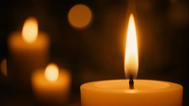 Romantic candlelight burning still in dark close-up dolly in