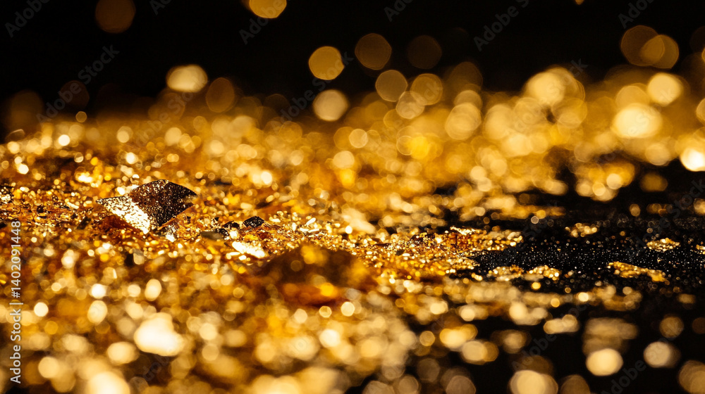 Poster close up shot of shiny golden flakes and a chunk of gold on a dark surface with bokeh lights