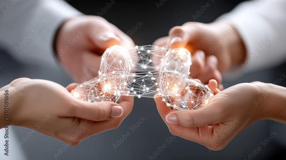 Poster diverse group solutions and creative concept. hands connecting digital network nodes