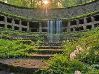 An ancient amphitheater nestled in a lush, green hillside, half-submerged by centuries of overgrowth.
