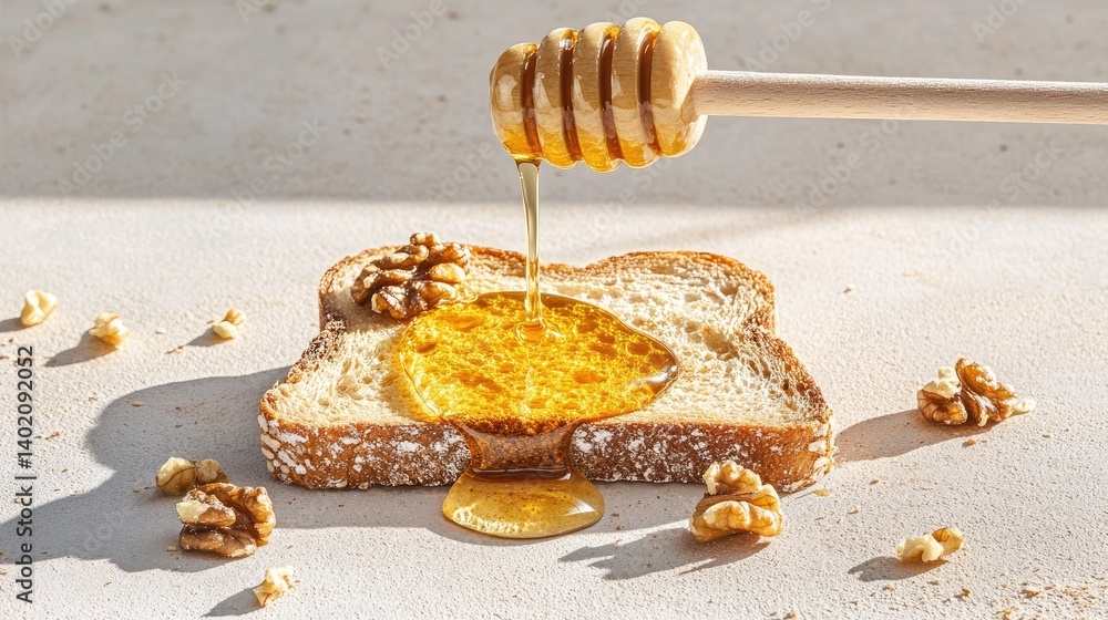 Poster nutty honey toast served warm, golden syrup oozing onto walnuts and whole grain slice in soft daylig