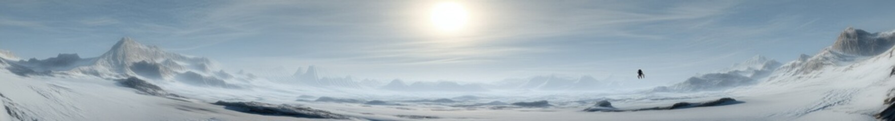 Obraz premium A breathtaking panoramic view of a serene alien landscape with towering mountains and two distant spacecraft under a bright. radiant sun. evoking a sense of exploration and wonder