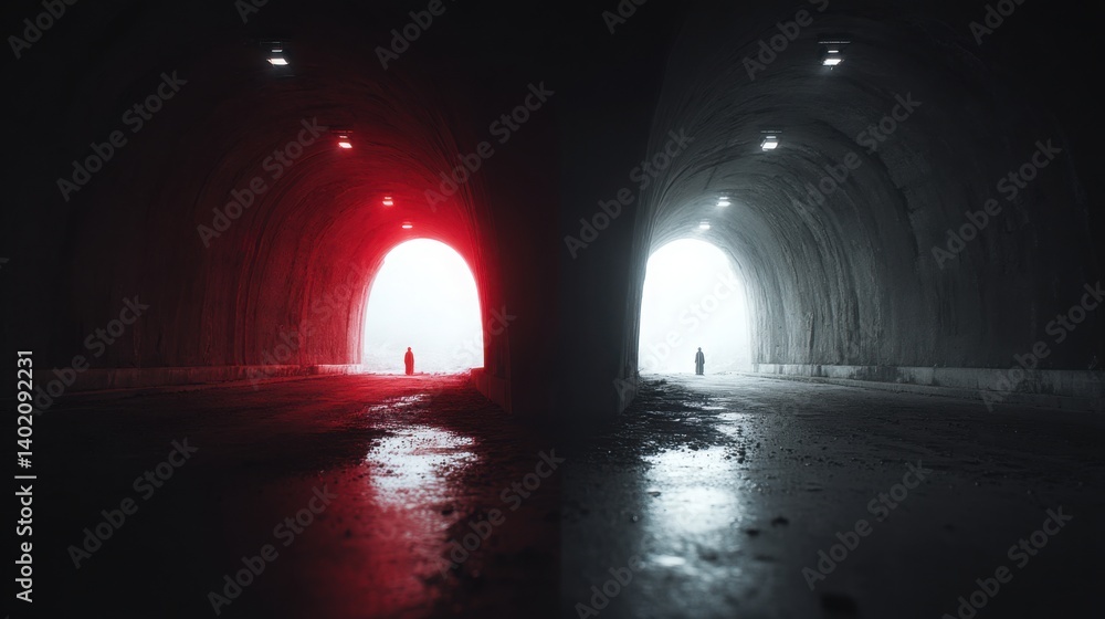 Poster a solemn figure walking through a dark tunnel evoking a sense of isolation and reflection in the jou