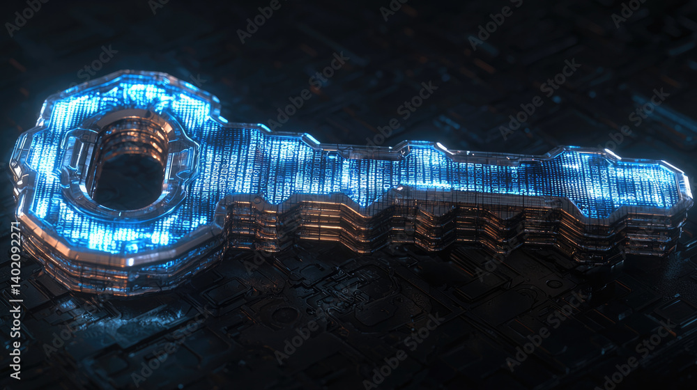Poster futuristic digital key with glowing blue elements, symbolizing cyber security and technology. intric