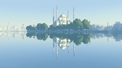 Naklejka premium Serene Mosque Reflection Calm Water Cityscape Anime Style