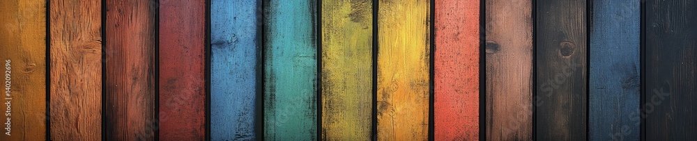 Poster A vibrant array of wooden planks in various colors arranged vertically. showcasing a rustic aesthetic. perfect for backgrounds or design projects