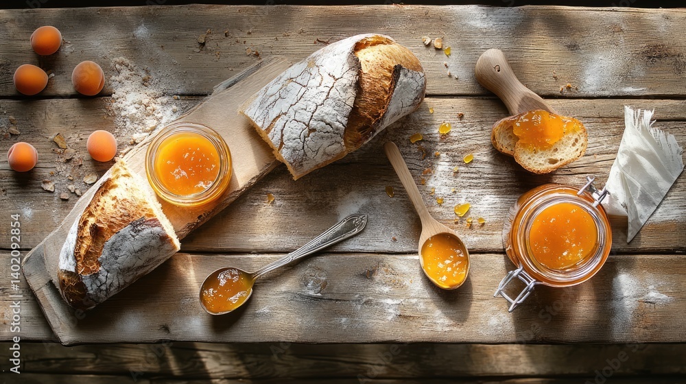 Poster rustic morning setting with artisan bread and golden jam, spoon resting beside an open jar of aprico