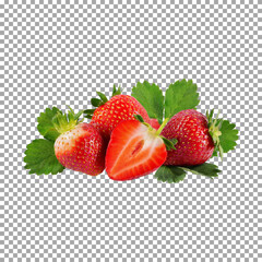 Fresh strawberries, Fresh Juicy Strawberries with Green Leaves on transparent background, png, psd
