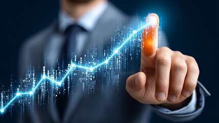 Man in suit pointing to a digital graph, symbolizing growth and success in business.