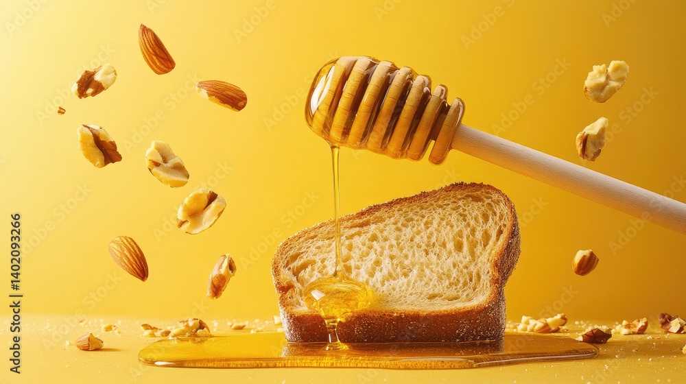 Poster sliced fresh bread with shiny honey stream and scattered nuts, clean food photography style
