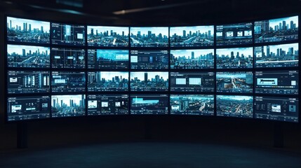 Futuristic Control Panel Displaying Surveillance Footage of Urban Landscape with Multiple Screens