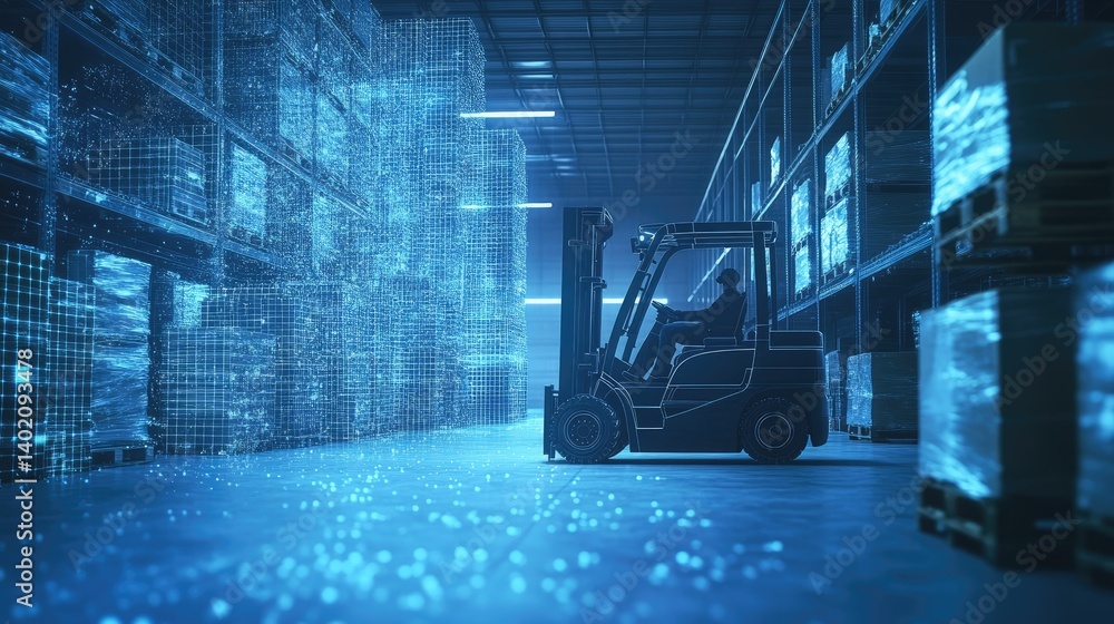 Poster a silhouette of a forklift operator navigating through a high-tech warehouse filled with glowing dat