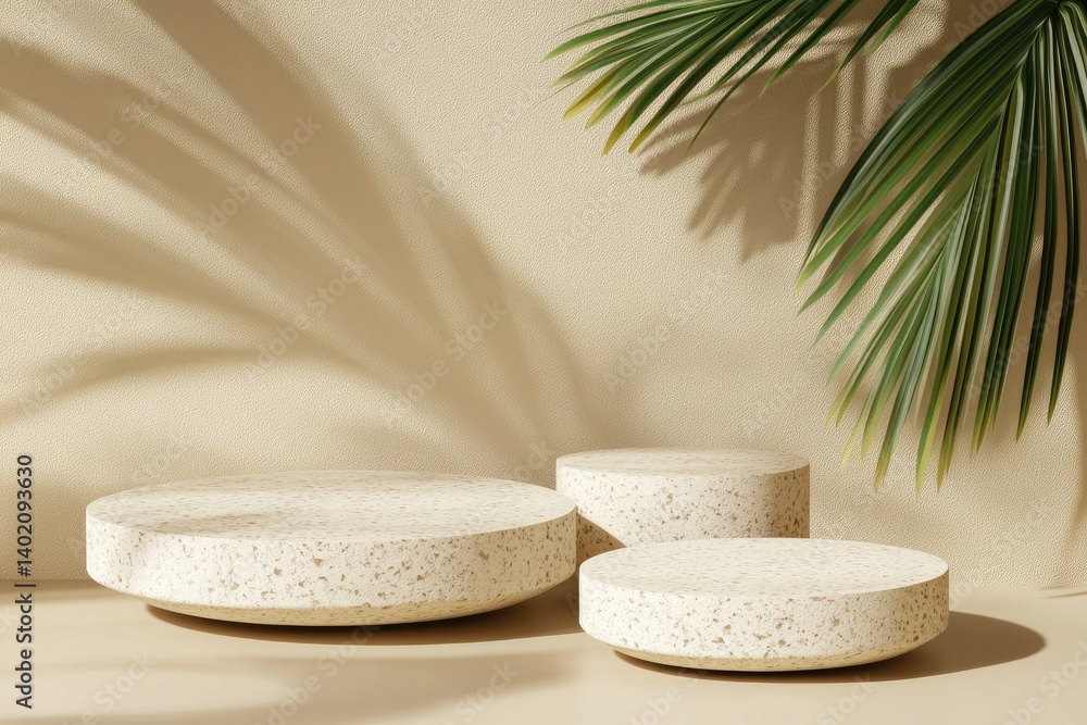Poster a serene arrangement of textured stones stacked on a smooth surface. complemented by a lush palm lea