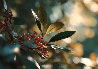 Sunlit foliage with berries in a tranquil, natural setting, showcasing vibrant green leaves and red berries.