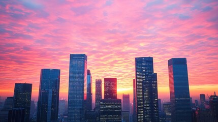Captivating Sunset Over the Financial District with Vibrant Clouds and City Silhouettes