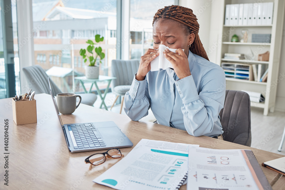 Aufkleber flu, sick or cold person blowing nose, sneezing with tissue and ill while working in office at work.