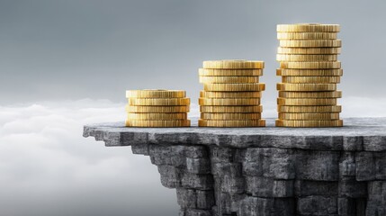 Stack of gold coins positioned on a cliff edge representing economic risk at the digital frontier between usa and china