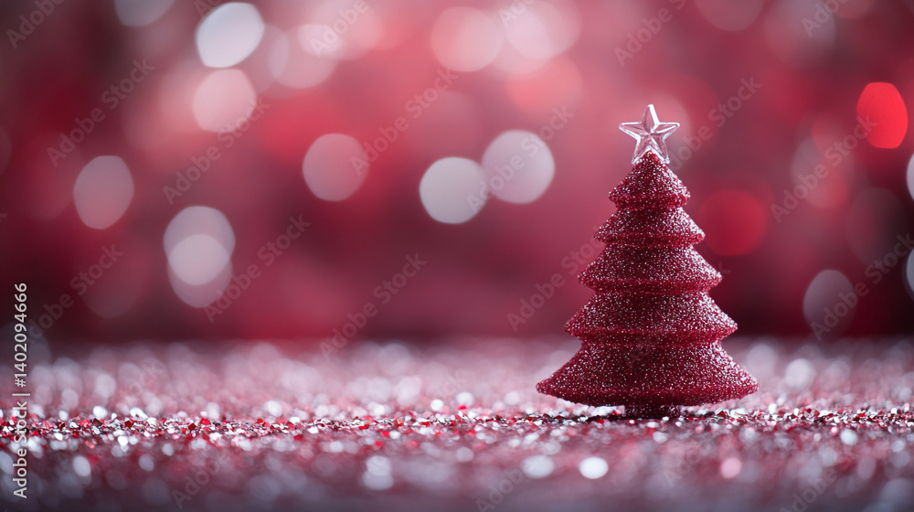Poster a small red christmas tree with a star on top surrounded by glitter with a bokeh background
