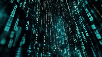 Obraz premium A mesmerizing digital landscape showcasing cascading binary code in vibrant turquoise hues. symbolizing data flow and technology. set against a dark. abstract background