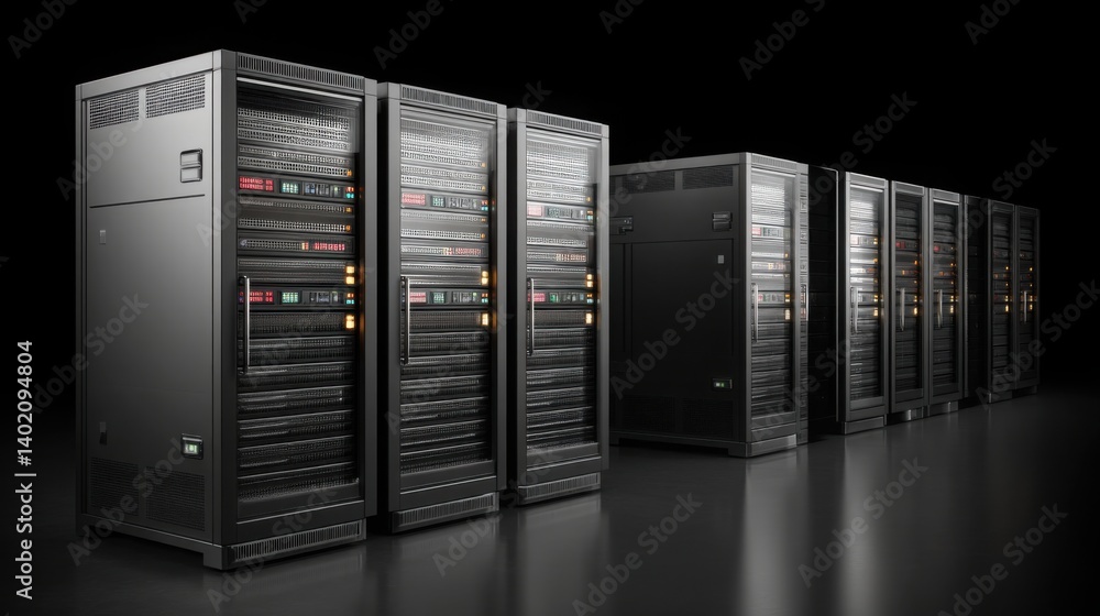 Poster a row of advanced server towers in a high-tech data center with blinking indicators showcasing data 