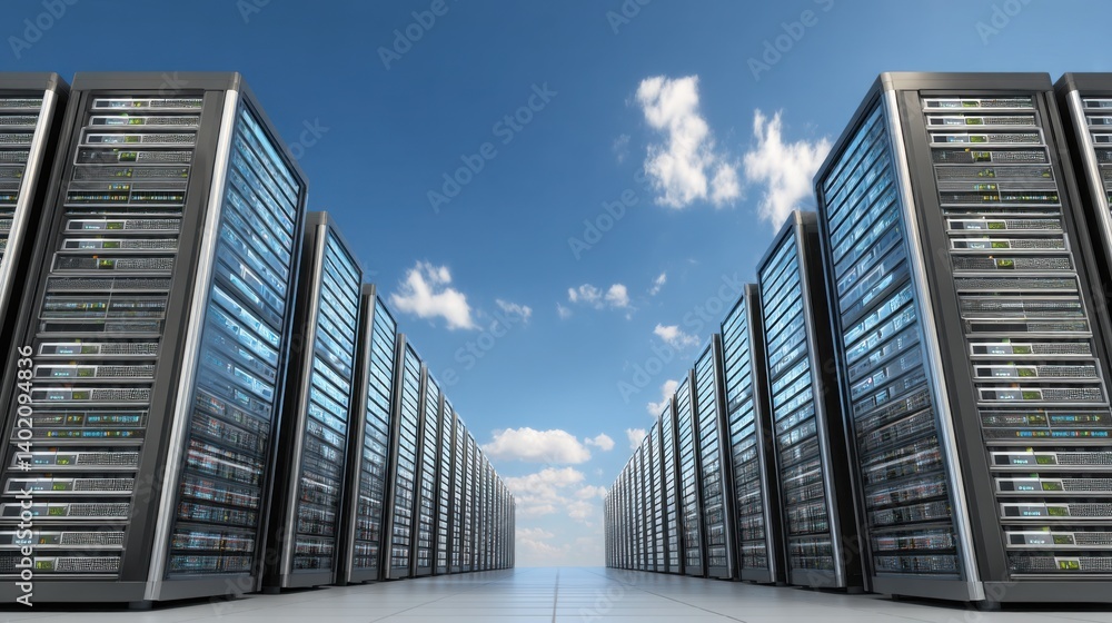 Poster a single server tower in a modern server room with blinking lights indicating active data processing
