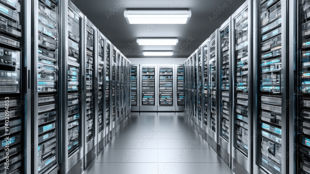 Poster a long row of server towers in a state-of-the-art server room with blinking indicators demonstrating