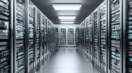 A long row of server towers in a state-of-the-art server room with blinking indicators demonstrating data processing power