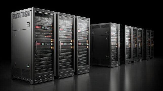 A row of advanced server towers in a high-tech data center with blinking indicators showcasing data processing activity