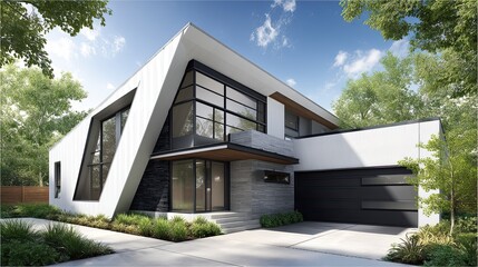 Obraz premium A stylish, angular home with a clean, white exterior and sharp triangular architecture