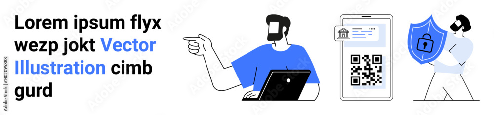 Poster man using laptop, pointing at qr code on mobile phone screen, shield symbolizing data security. idea