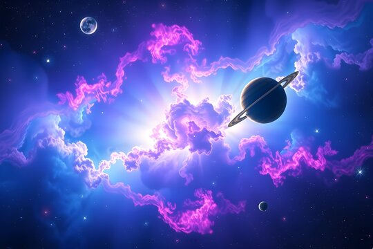 A cosmic scene with a ringed planet and two smaller planets surrounded by vibrant pink and blue nebulae, set against a starry space backdrop