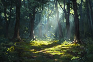 Obraz premium A Mystical Forest Illumination Sunlight Breaking Through the Verdant Canopy Deep Inside