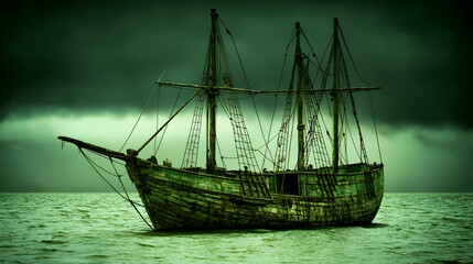 Old weathered sailing ship at sea under stormy clouds, possibly used for historical fiction or adventure game