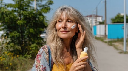Naklejka premium Woman applying sunscreen outdoors with a cheerful expression.