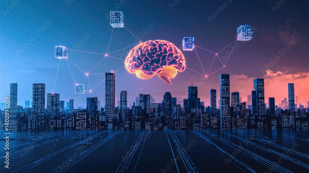 Aufkleber image depicts futuristic city skyline with digital brain at center, connected to various data blocks, symbolizing artificial intelligence and technology integration
