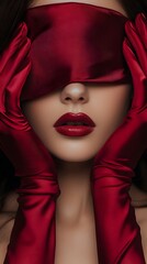 Mysterious Red: A striking portrait of a woman wearing red satin gloves and a blindfold, with captivating red lips.  Her enigmatic gaze, hidden behind the crimson silk.