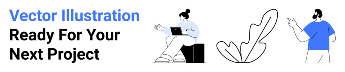 Man explaining ideas, woman using laptop, abstract leaf element. Ideal for teamwork, remote work, brainstorming, digital tools, productivity, creative projects flat landing page banner