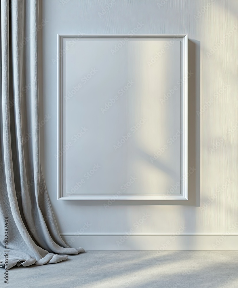 Poster a blank. white-framed picture frame mounted on a light gray wall. illuminated by soft natural light.